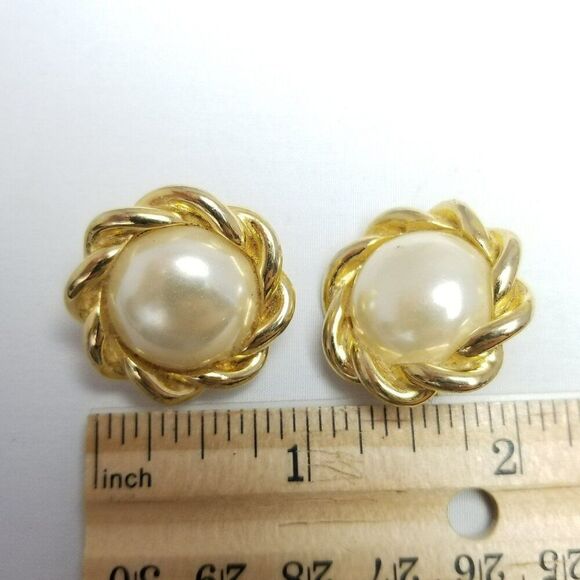 Vintage Faux Pearl Gold Tone Clip On Earrings, Dome Shape, 80s 90s Style - Picture 4 of 6